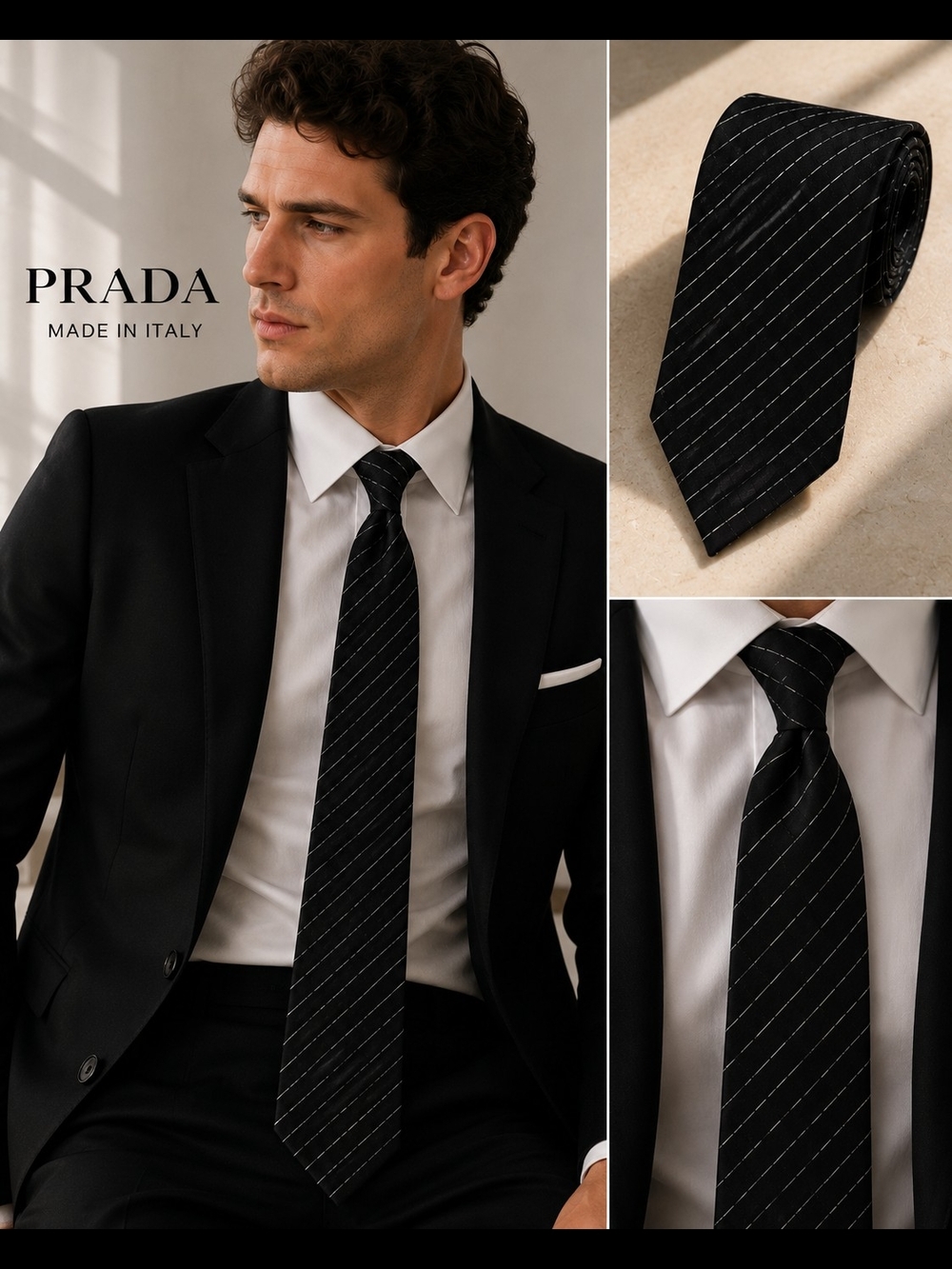 PRADA Made in Italy 100% Silk Black Geometric Stripe Tie